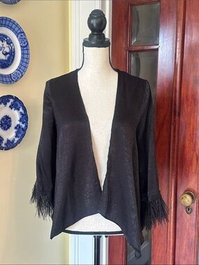 W5 | Chic Black Silk-Feel Open Cardigan Blazer w/Feather Trim Sleeves, Size S/M